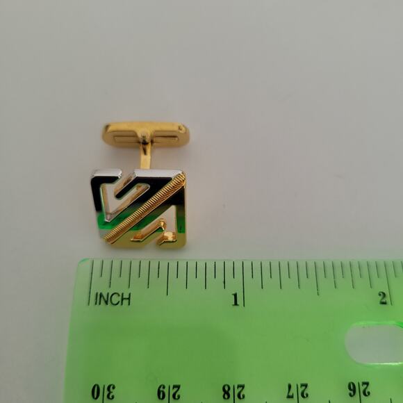 Givenchy G French Tie Bar Clip Cufflinks Set Gold Silver Tone Logo Geometric - Picture 3 of 8